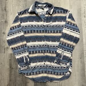 Vintage Kikimo Nepalese Woven Knit Blue Aztec Nepal Button Shirt Men's Large
